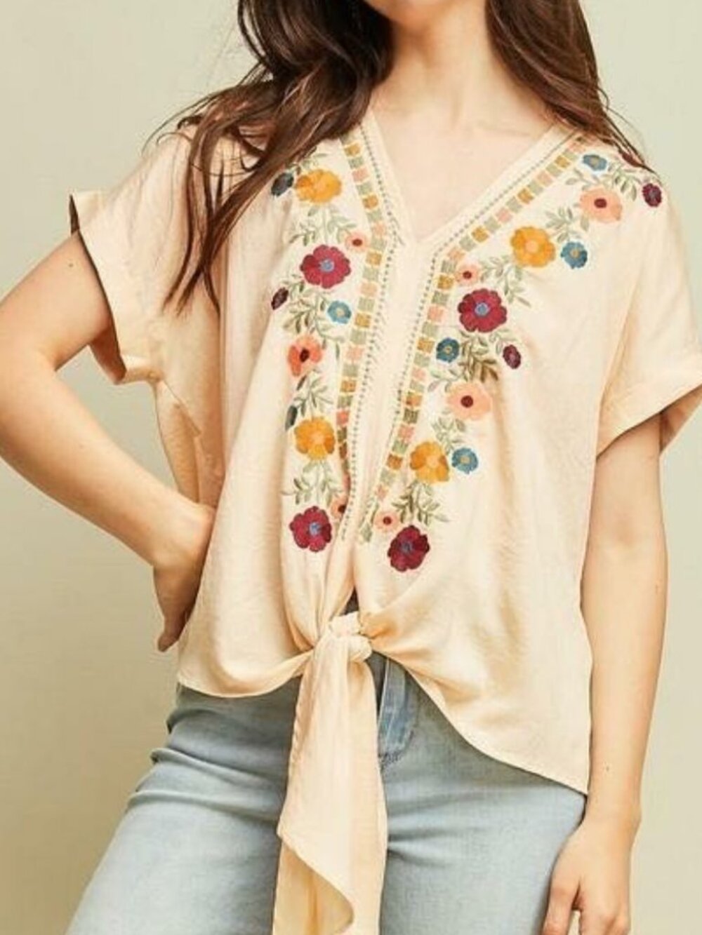 entro Cream Embroidered Tie Front Waist Blouse Multicolor Floral Motif Small